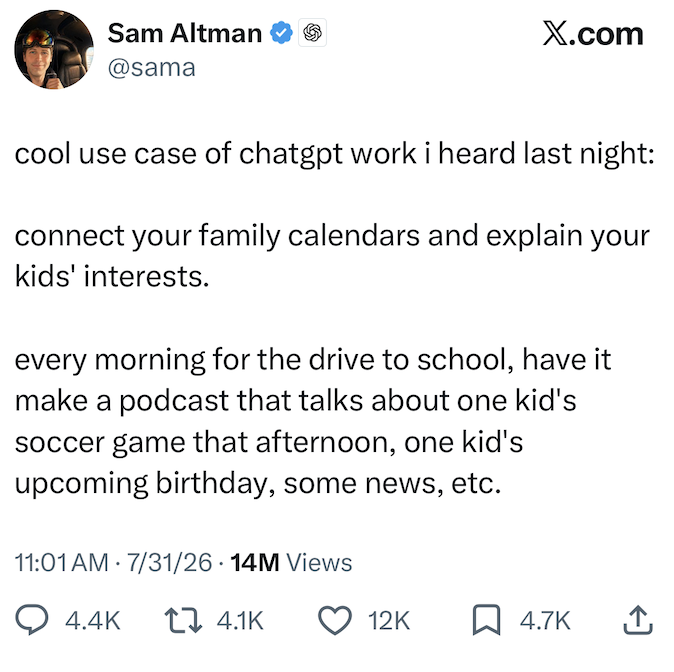 Sam Altman's tweet about AI-generated podcasts for kids